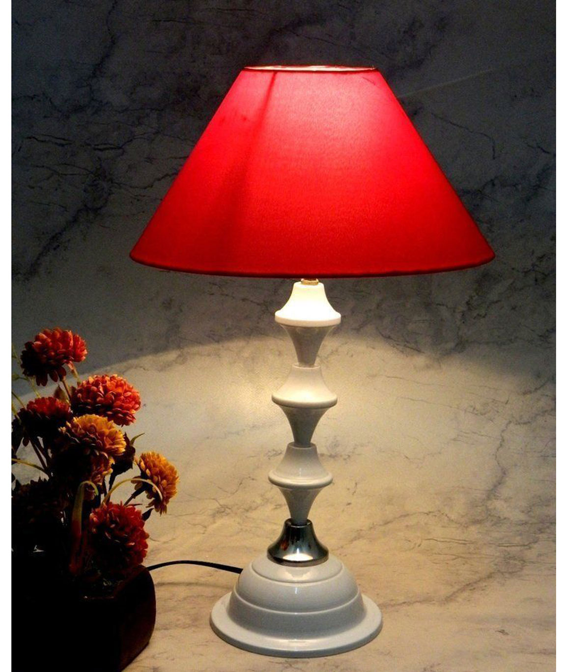 RDC White Silver Table Lamp with 10 Inches Round Plain Red Lamp Shade