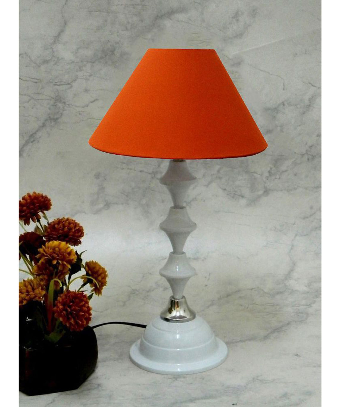 RDC White Silver Table Lamp with 10 Inches Round Plain Rust-coloured Lamp Shade