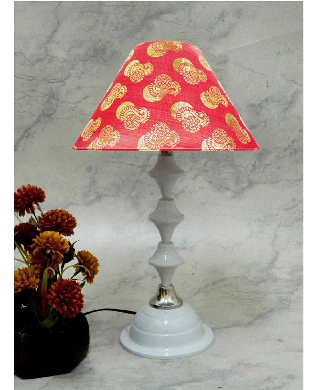 RDC White Silver Table Lamp with 10 Inches Round Red Golden Designer Lamp Shade