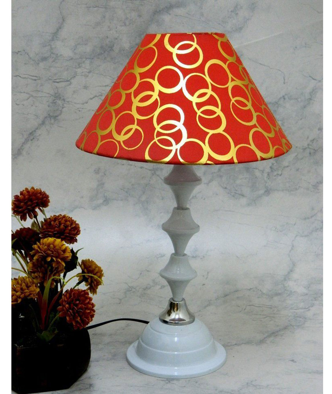 RDC White Silver Table Lamp with 10 Inches Round Red Silver Polka Dots Designer Lamp Shade