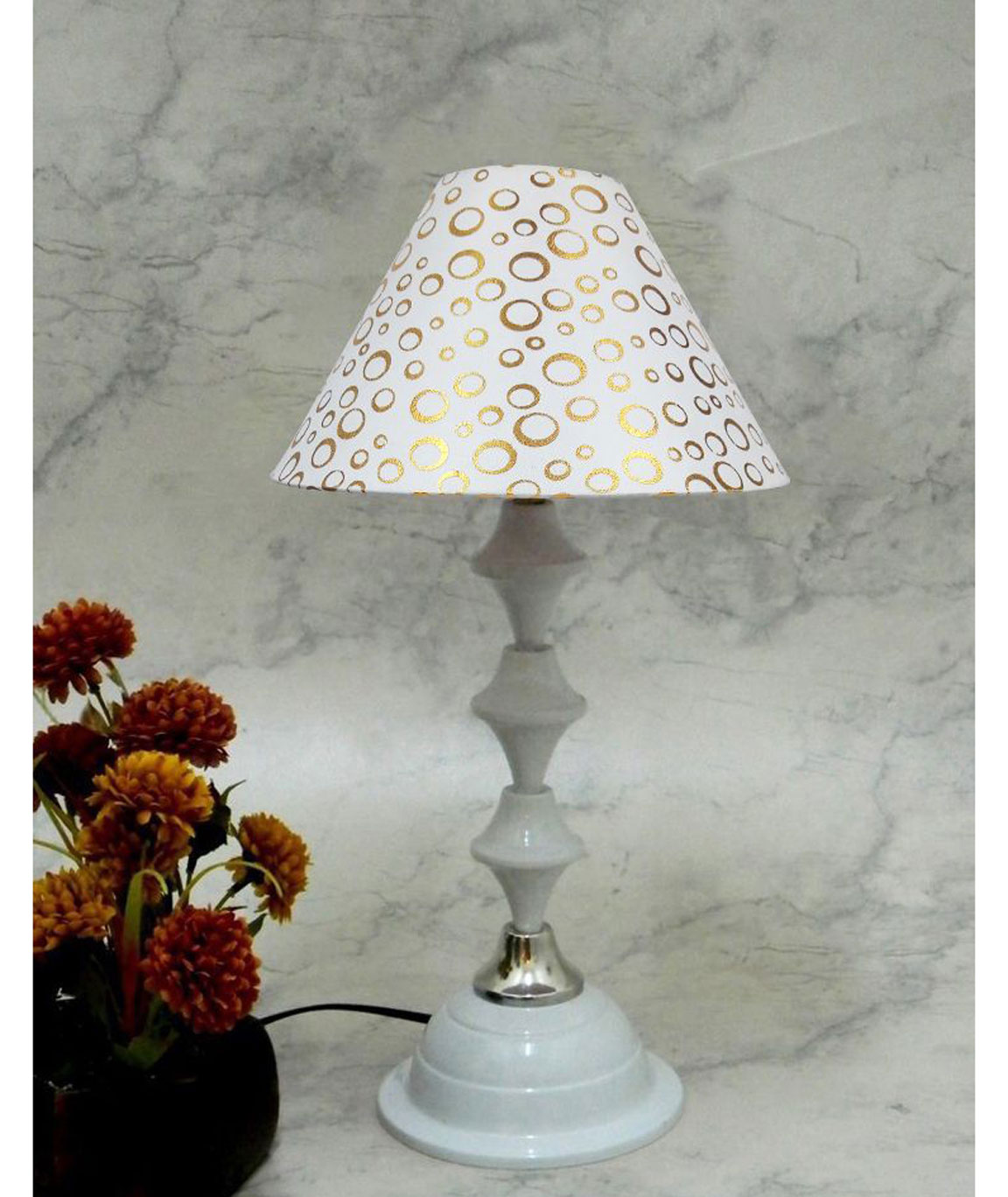 RDC White Silver Table Lamp with 10 Inches Round White Golden Polka Dots Designer Lamp Shade