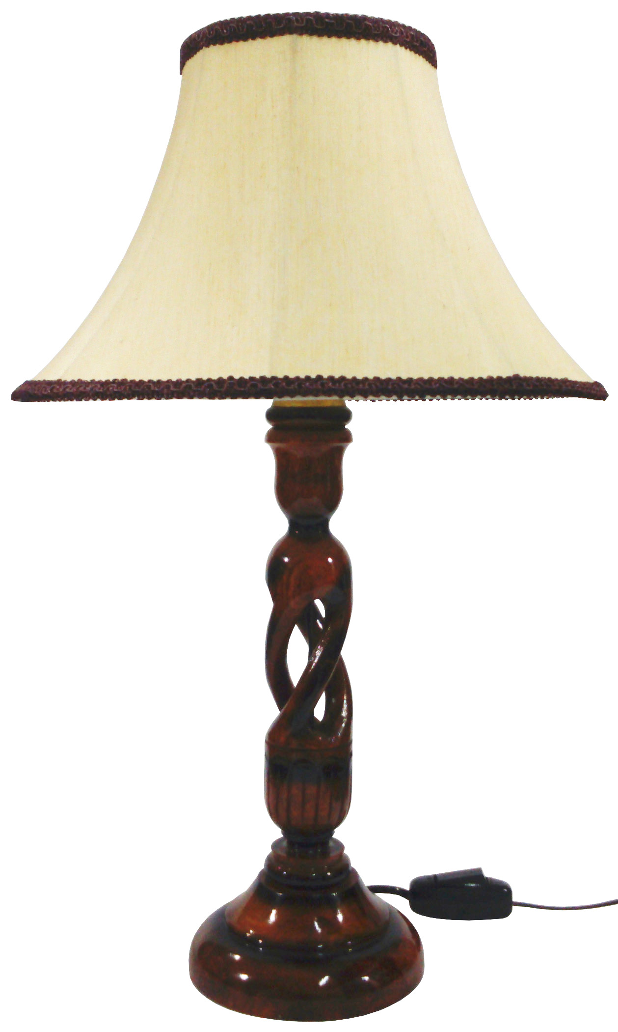 RDC Wooden Designer Table Lamp with 12 Inches Round Slanting Cream-khadi with Brown Lace Border Lamp Shade