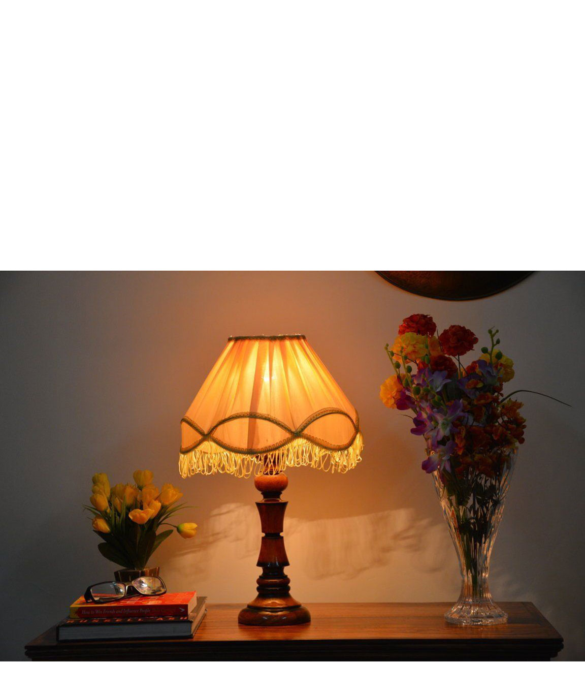 RDC Wooden Designer Table Lamp with 12 Inches Round Pleated Cream with Lace Border with Frills Lamp Shade