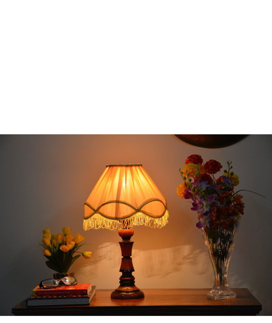 RDC Wooden Designer Table Lamp with 12 Inches Round Pleated Yellow with Lace Border with Frills Lamp Shade