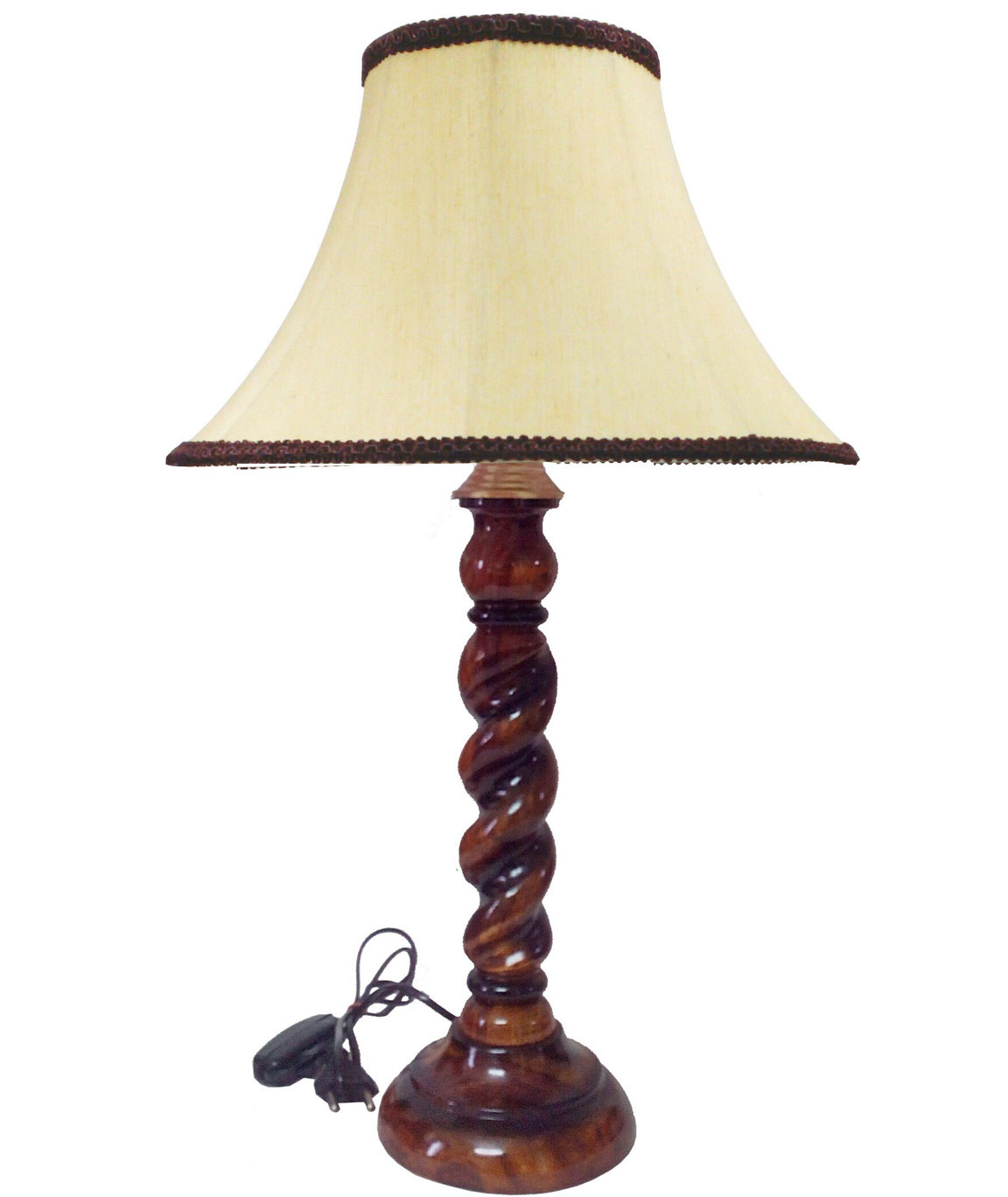 RDC Wooden Designer Table Lamp with 12 Inches Round Slanting Cream-khadi with Brown Lace Border Lamp Shade