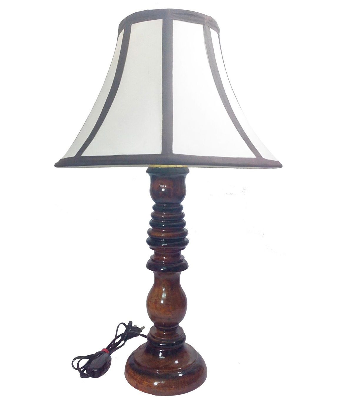 RDC Wooden Designer Table Lamp with 12 Inches Round Slanting Cream with Brown Border Lamp Shade