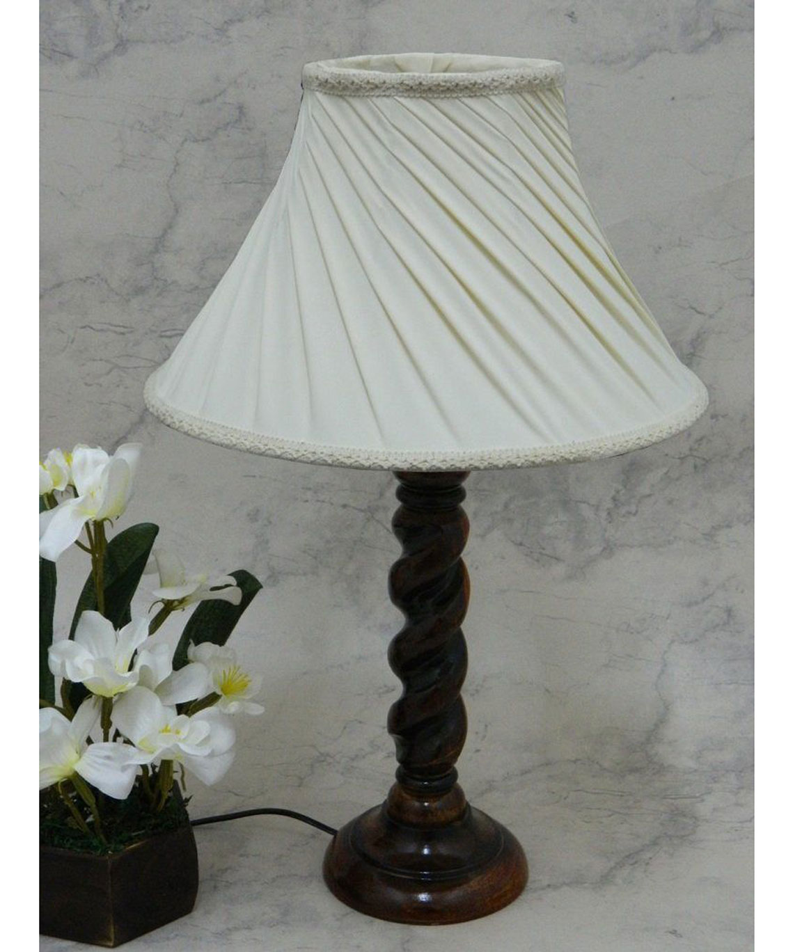 RDC Wooden Designer Table Lamp with 12 Inches Round Slanting Pleated Cream with Lace Border Lamp Shade