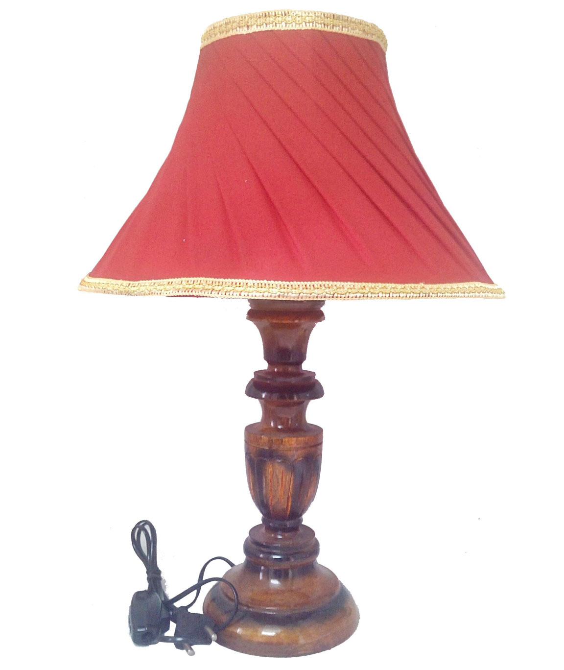 RDC Wooden Designer Table Lamp with 12 Inches Round Slanting Pleated Red with Golden Lace Border Lamp Shade