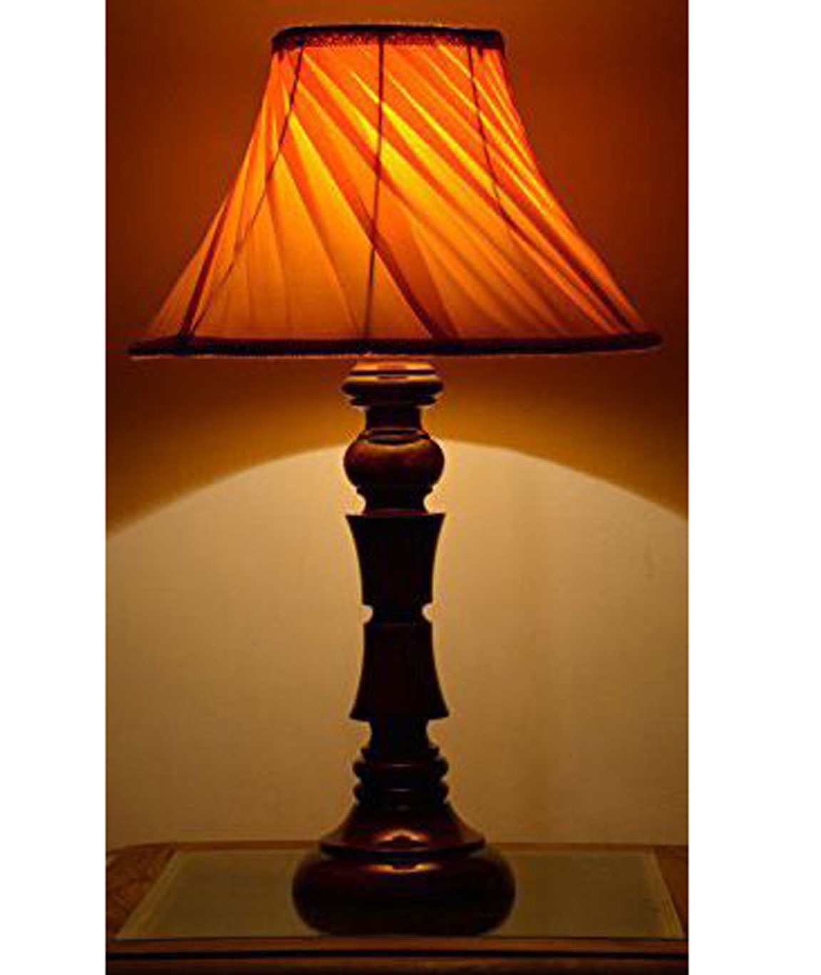 RDC Wooden Designer Table Lamp with 12 Inches Round Slanting Pleated Yellow with Lace Border Lamp Shade