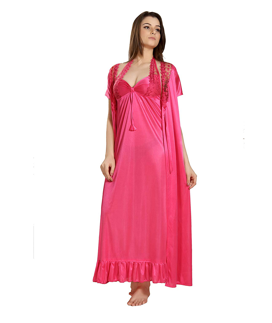 Romaisa Women`s Satin Lace Work Nightdress with Robe (Size - Free) (Pack of 2 Pcs) LIGHT : CORAL