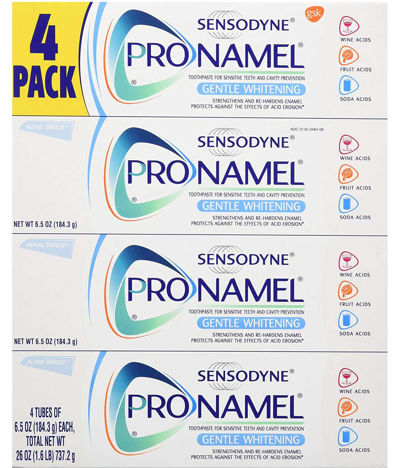 Sensodyne Pronamel Gentle Whitening Toothpaste 4 Pack / 6.5oz Large Size For Sensitive Teeth