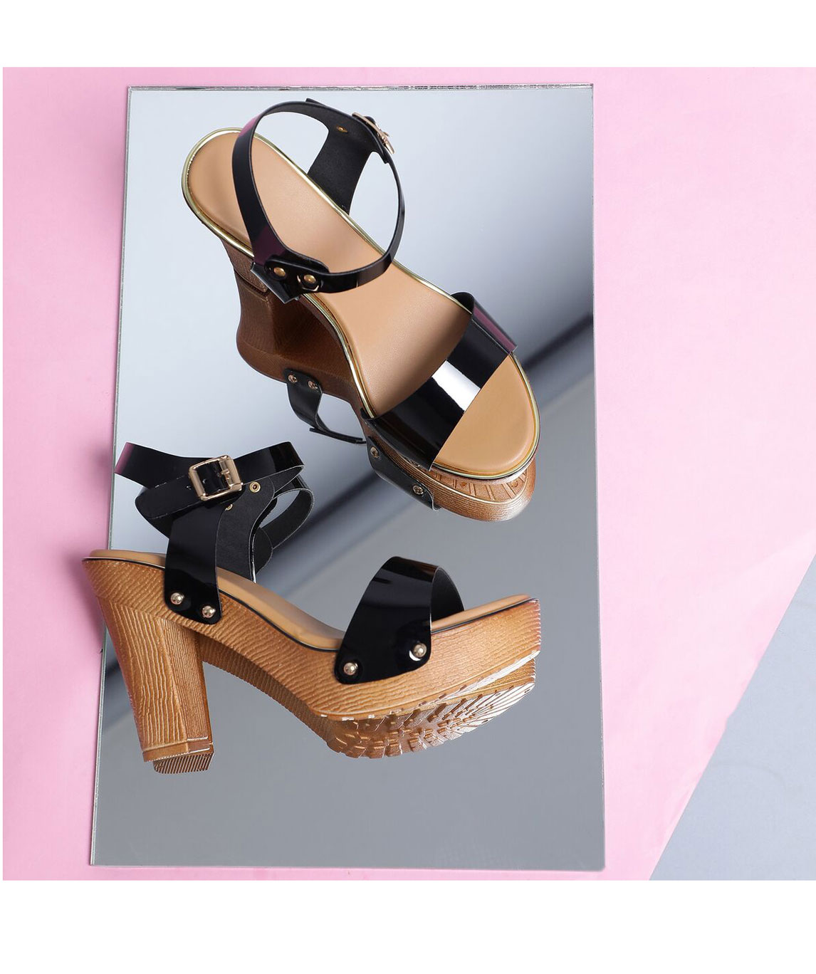 Sindhi Footwear Women`s Black Rexin Casual Heel Sandals
