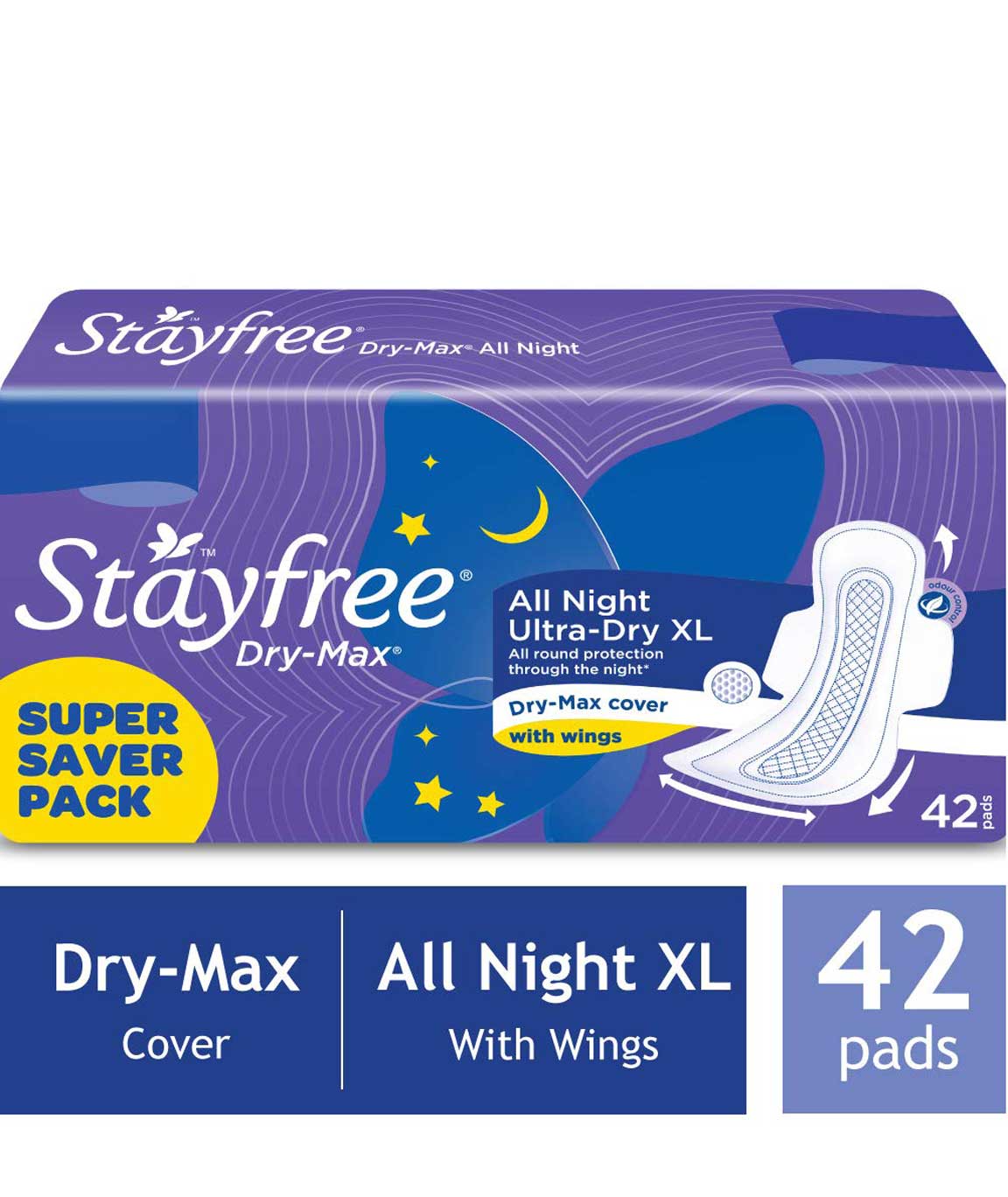 Stayfree All Night XL Dry Max Cover Sanitary Napkins - 42 Pads (Super Saver Pack)
