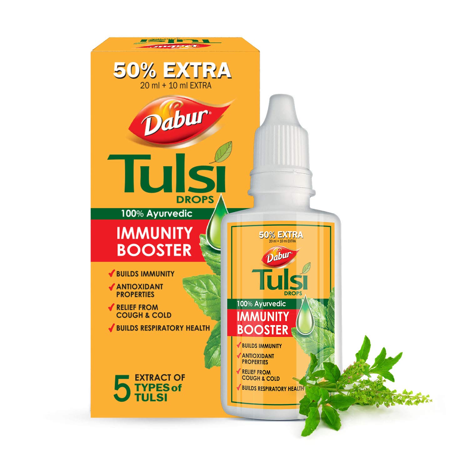 Dabur Tulsi Drops- 50% Extra: Concentrated Extract of 5 Rare Tulsi for Natural Immunity Boosting & Cough and cold Relief: (20ml +10ml Free)