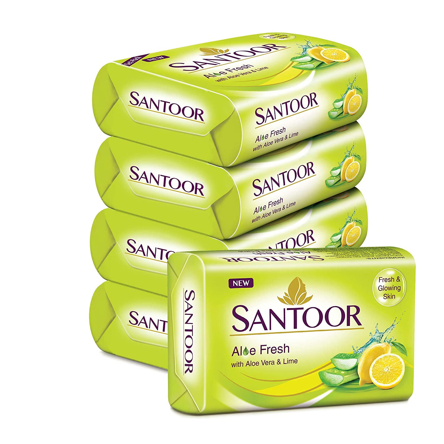 Santoor Aloe Fresh Soap with Aloe Vera and Lime, 125gm (Buy 4 Get 1 Free)