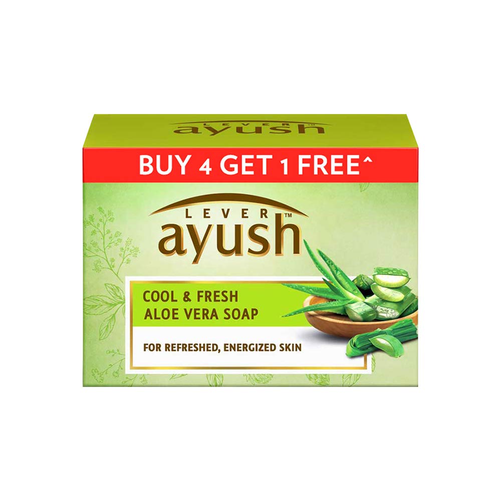 Lever Ayush Cool & Fresh Aloe Vera Soap, 100 gm each (Buy 4 Get 1)