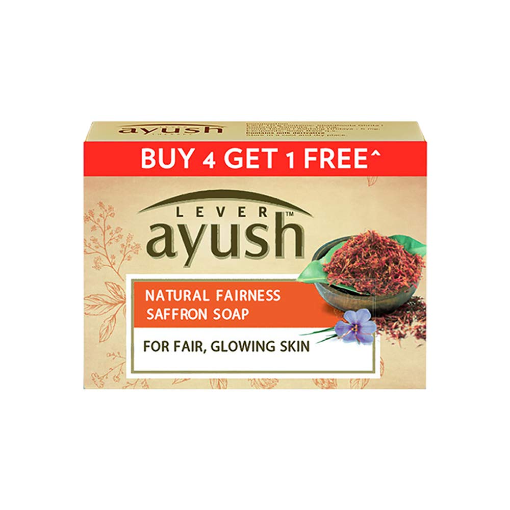 Lever Ayush Natural Fairness Saffron Soap, 100 gm each (Buy 4 Get 1)