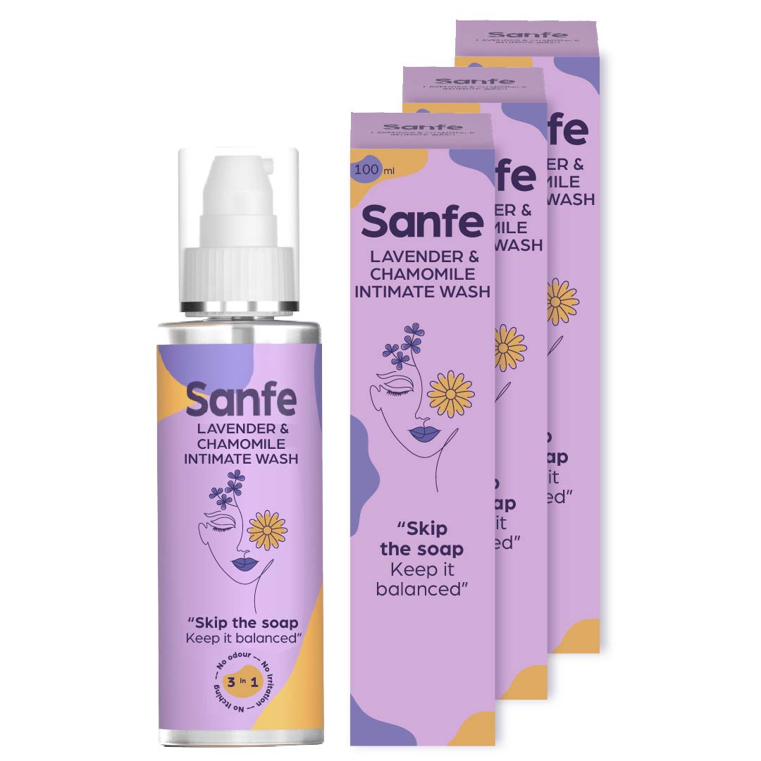 Sanfe Natural Intimate Wash, 3 In 1 - No Odour, No Itching, No Irritation (Lavender and Chamomile Pack Of 3)