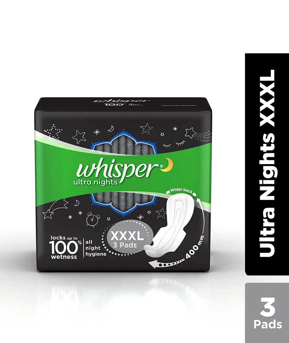 Whisper Ultra Nights Sanitary Pads with Wings - 3 Pieces (XXXL)