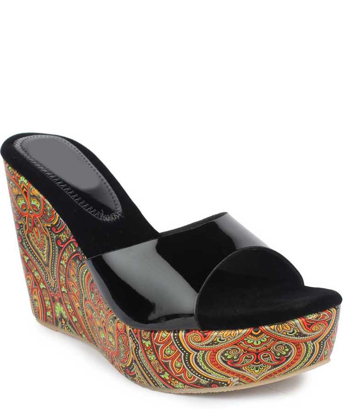 WOMEN BLACK COLORFUL-SOLE WEDGE