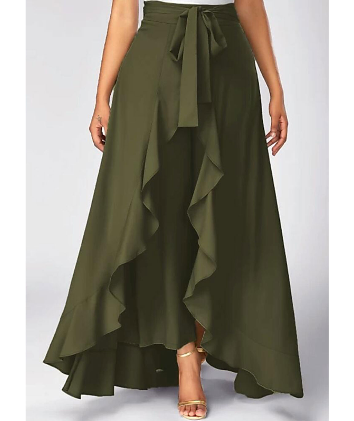 WOMEN OLIVE GREEN RUFFLE PALAZO