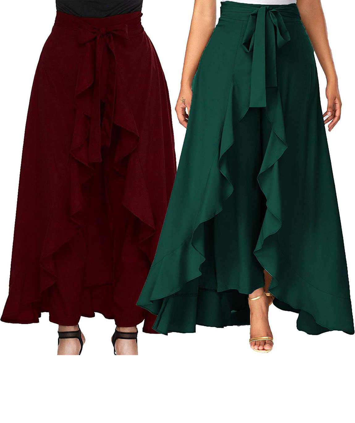 Women`s/Girls Crepe Solid Tie-Waist Layered/Ruffle Skirt Palazzo(maroon&dark green)