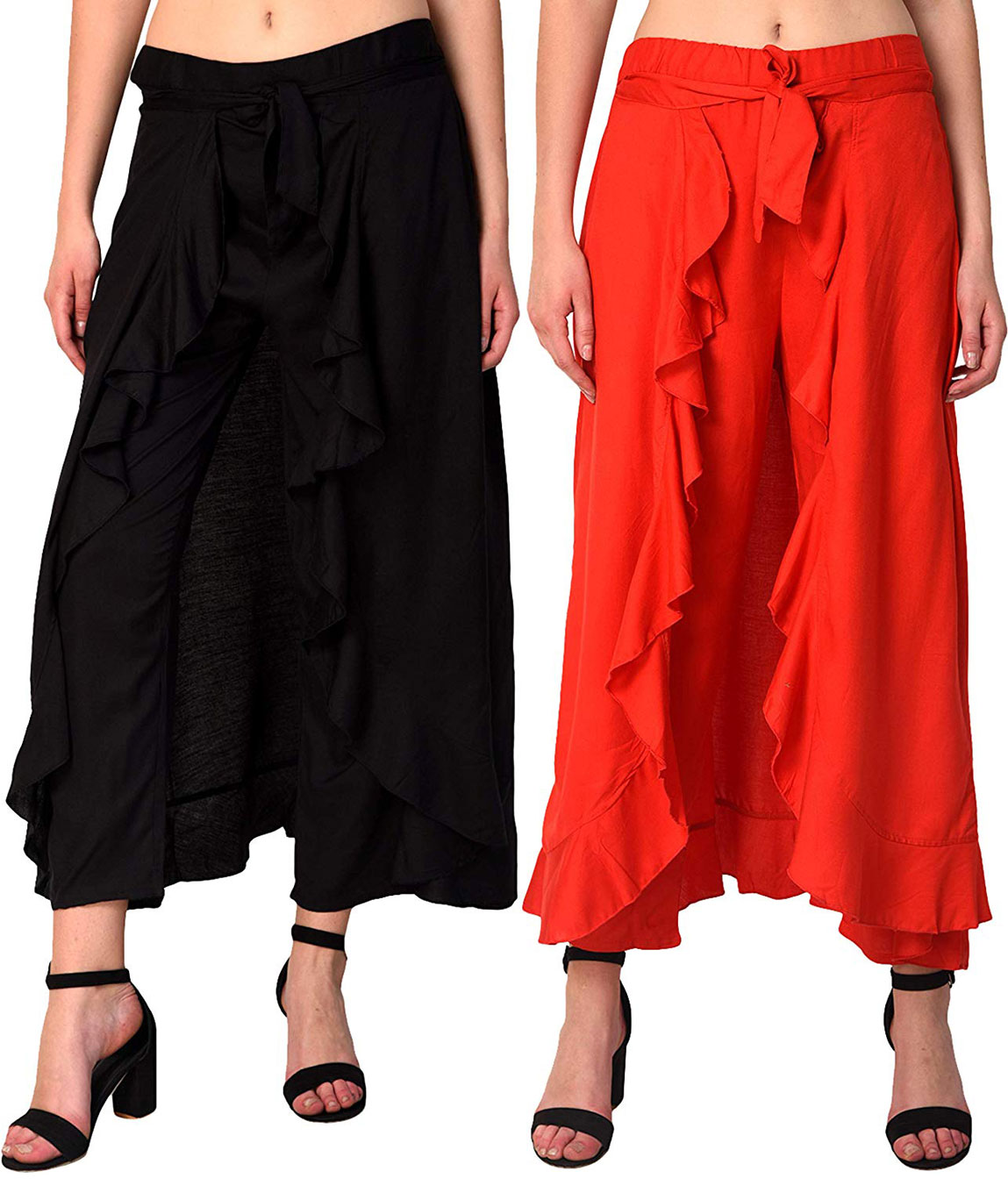 Women`s Rayon Flared Ruffle Palazzo (Pack of 2)(black&light red)