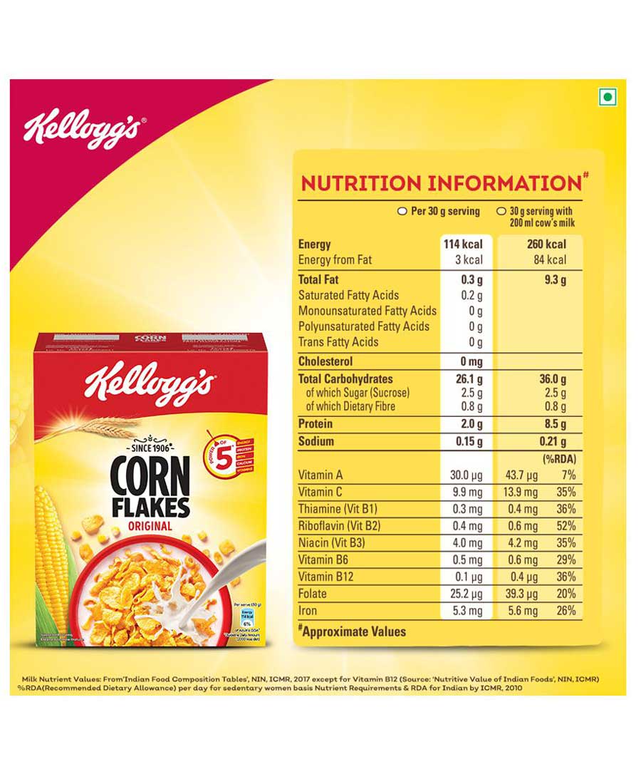 Kellogg's Corn Flakes Original, Power of 5: Energy, Protein, Iron,  Calcium, Vitamins B1, B2, B3 & C, Cornflakes, Breakfast Cereal