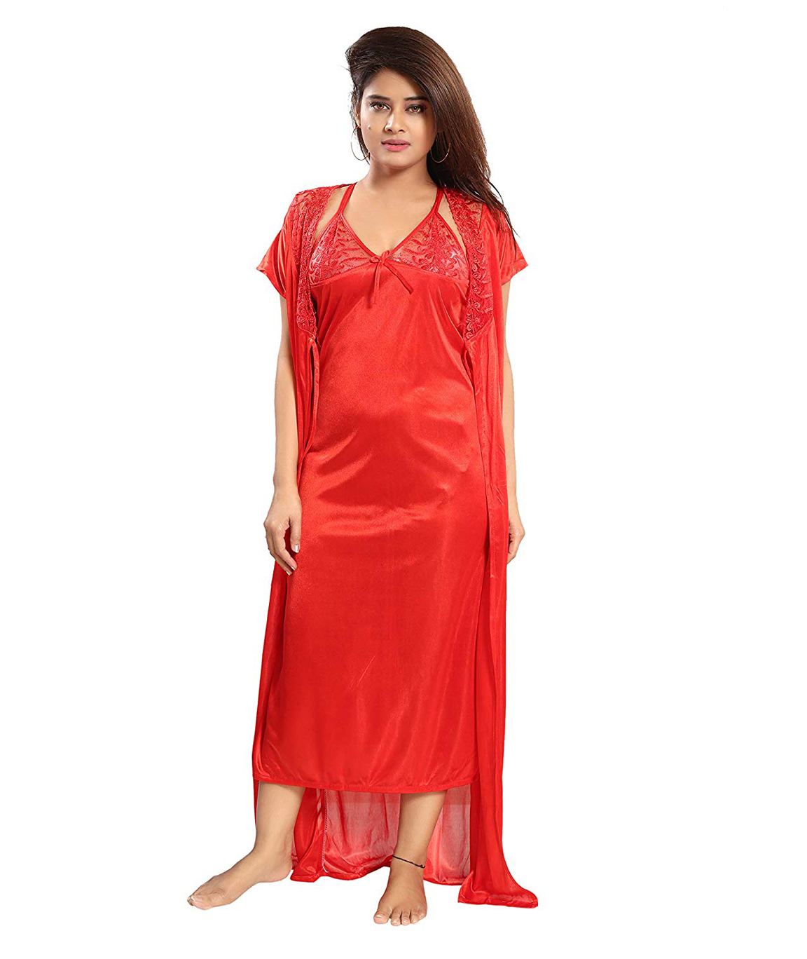 Romaisa Women`s Satin Nightwear Set of 4 Pcs Nighty, Wrap Gown, Bra & Thong  (Size - Small, Medium, Large) (Pack of 4) COLOUR : RED