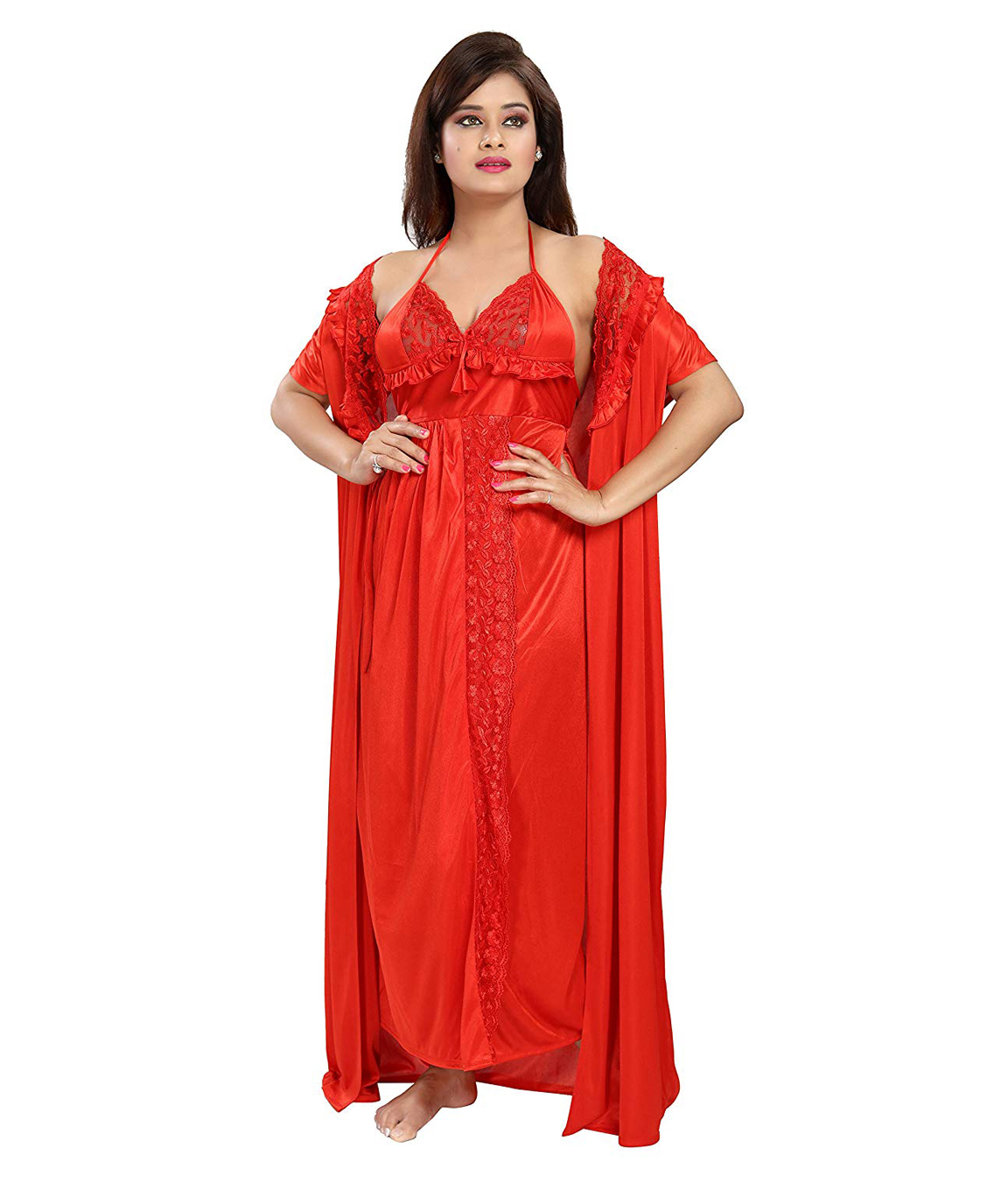 Romaisa Women`s Satin Nightwear Set of 4 Pcs Nighty, Wrap Gown, Bra & Thong  (Size - Small, Medium, Large) (Pack of 4) COLOUR : RED