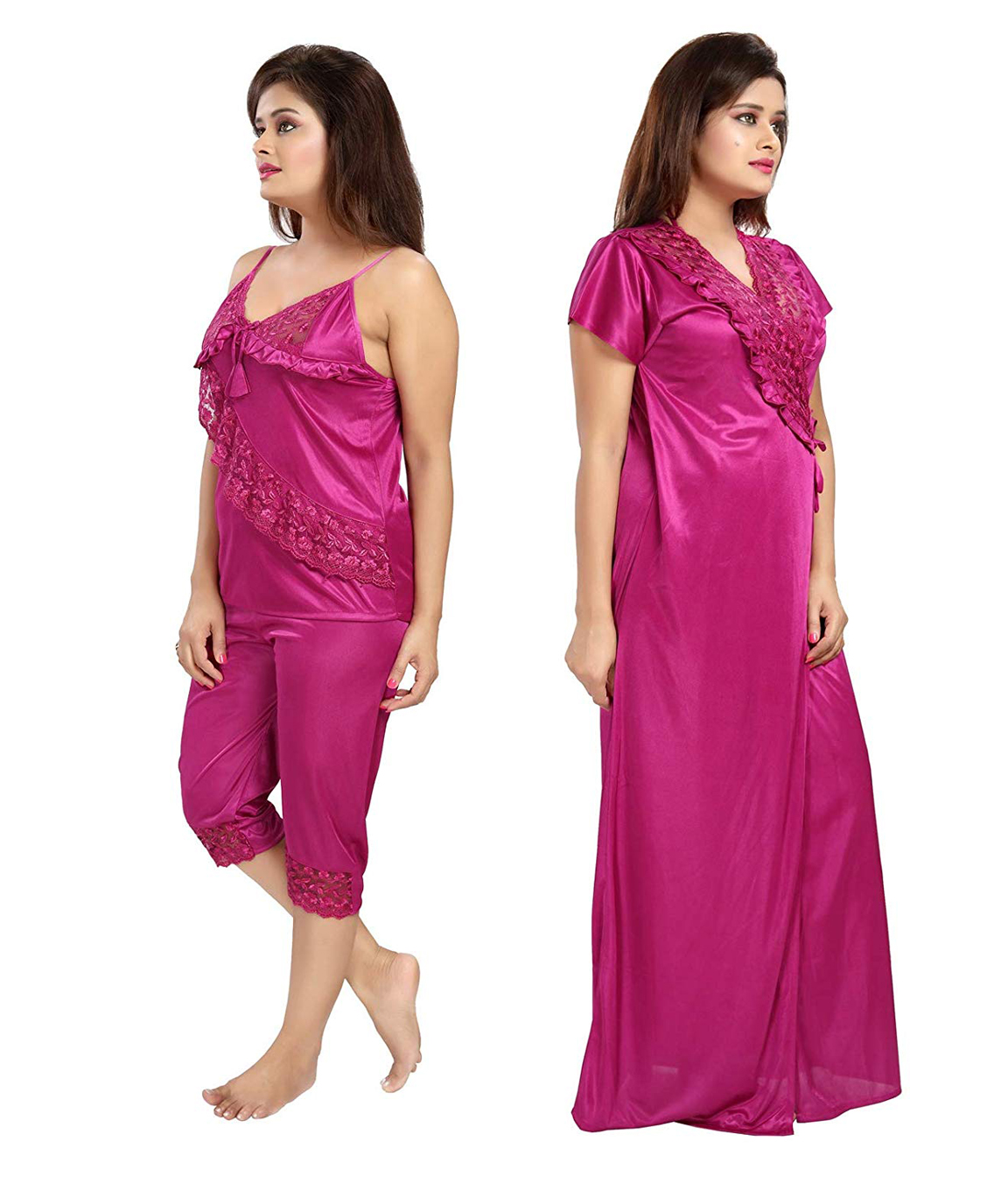 Women's Stylish Satin Night Wear Plain Solid Wrap Gown Nighty Bra Panty Top  Capri Nightwear Nightdress
