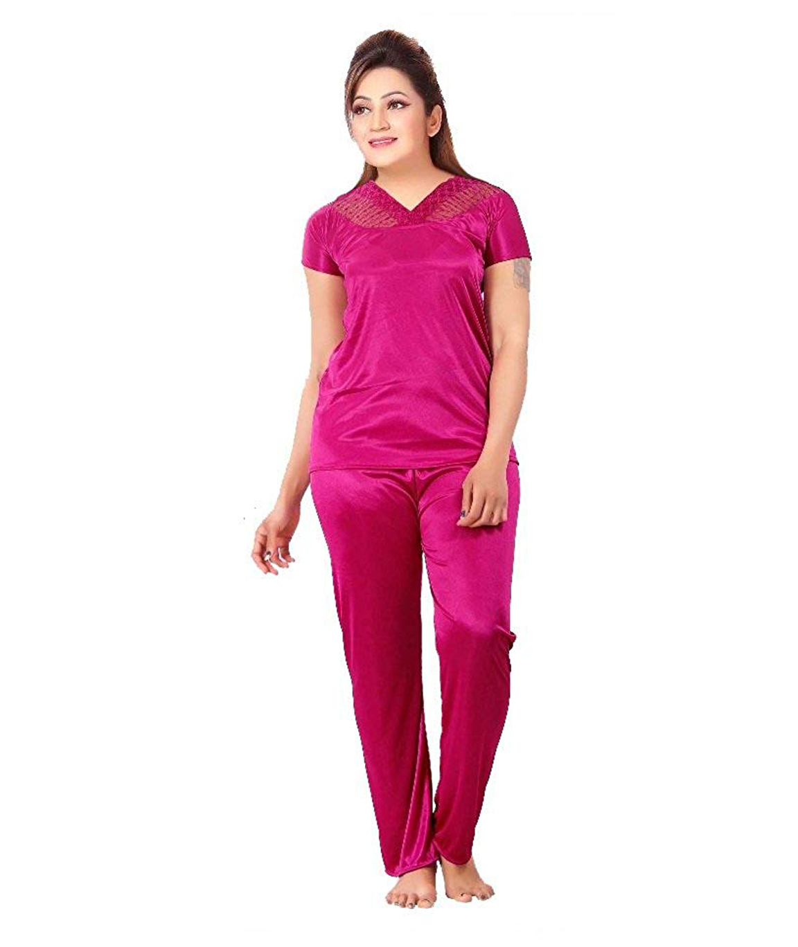 Romaisa Women`s Satin Nighty, Wrap Gown, Top, Pajama, Bra and Thong (Free  Size) (Pack of 6) Colour : Magenta